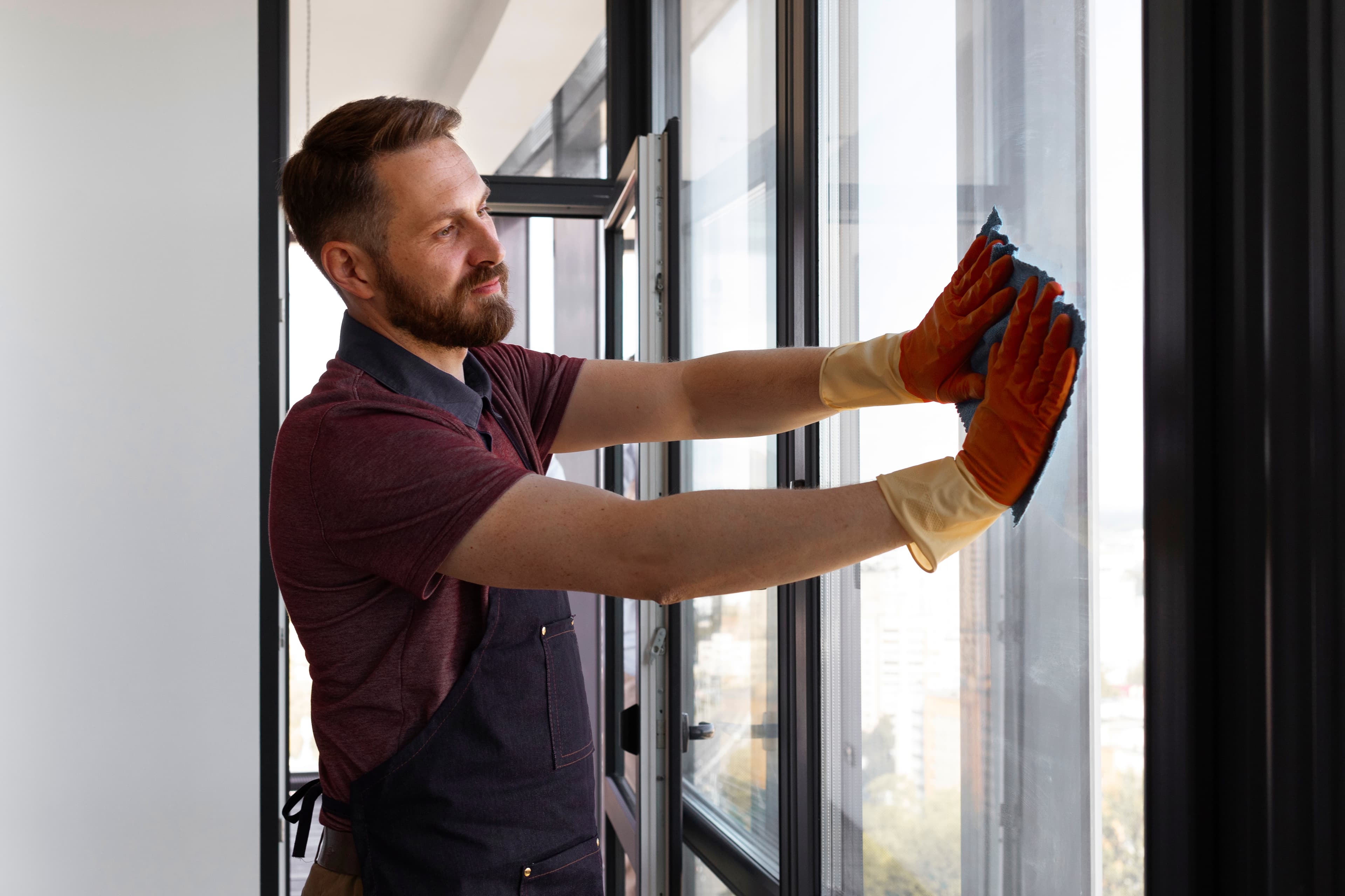 Hombre limpiando la ventana de un establecimiento